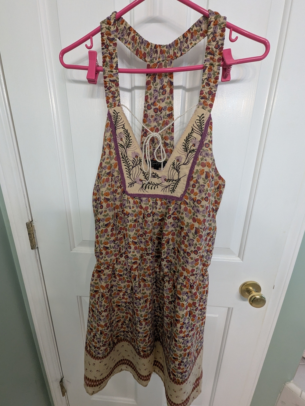 Jessica Simpson Cream Floral Embroidered Sundress with Purple Trim